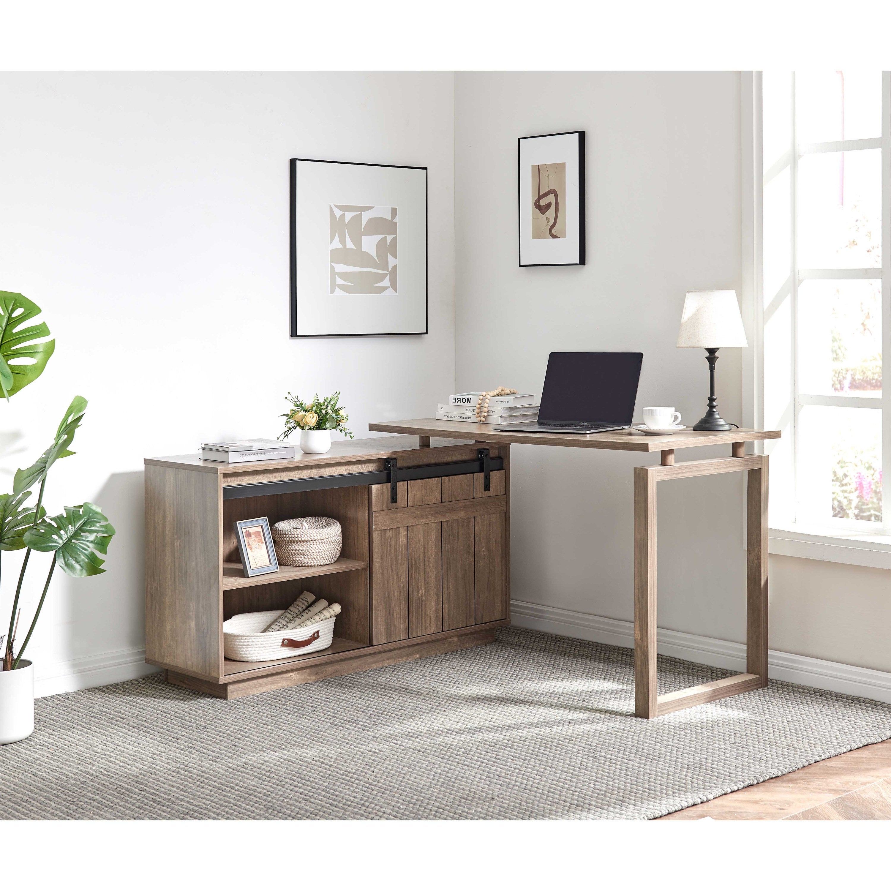 Desk L-shaped Workstation Home Office attached storage credenza sliding barn door finished on the back reversible Hazelnut
