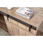 Desk L-shaped Workstation Home Office attached storage credenza sliding barn door finished on the back reversible Hazelnut