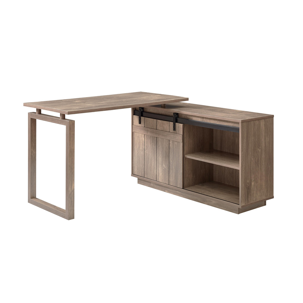 Desk L-shaped Workstation Home Office attached storage credenza sliding barn door finished on the back reversible Hazelnut