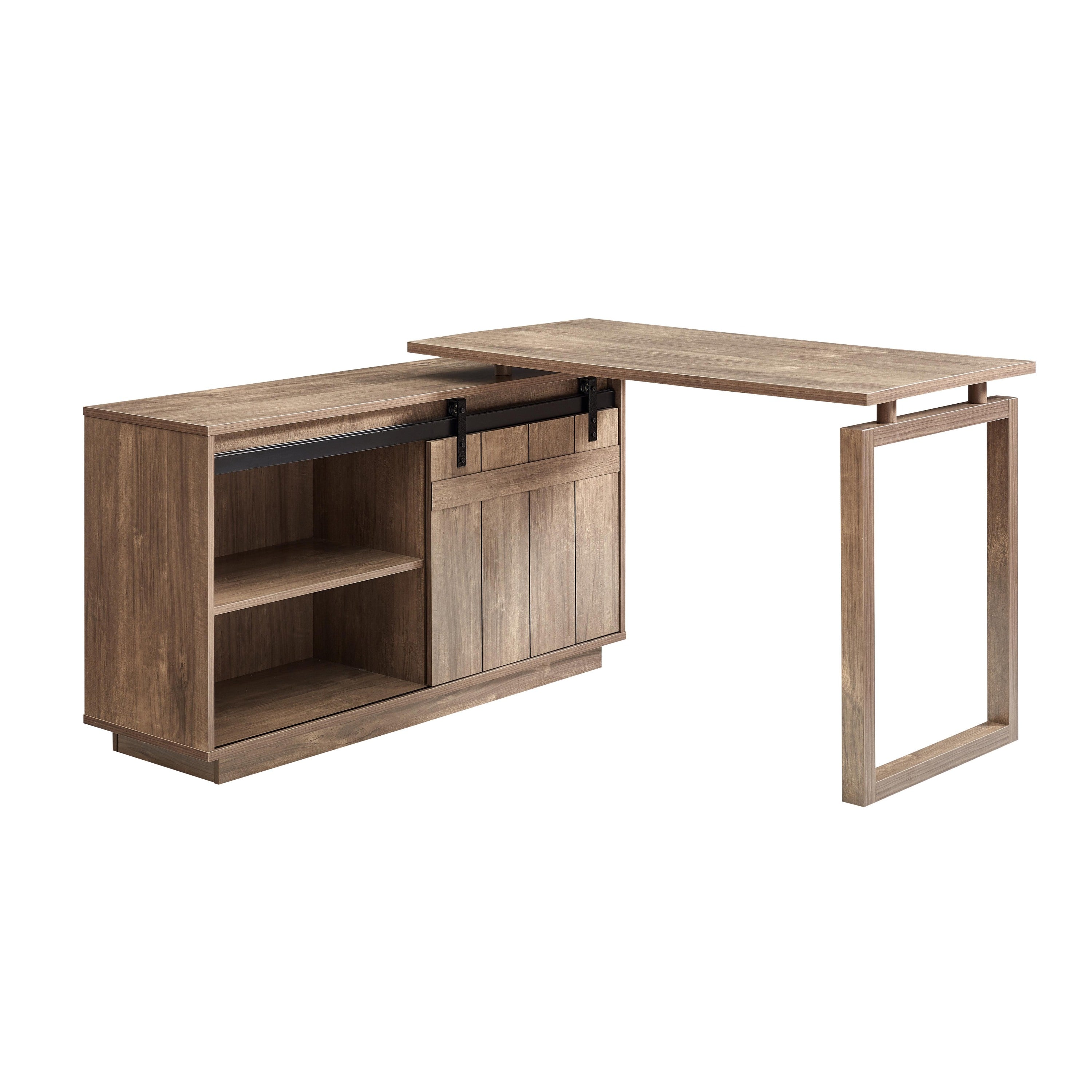 Desk L-shaped Workstation Home Office attached storage credenza sliding barn door finished on the back reversible Hazelnut