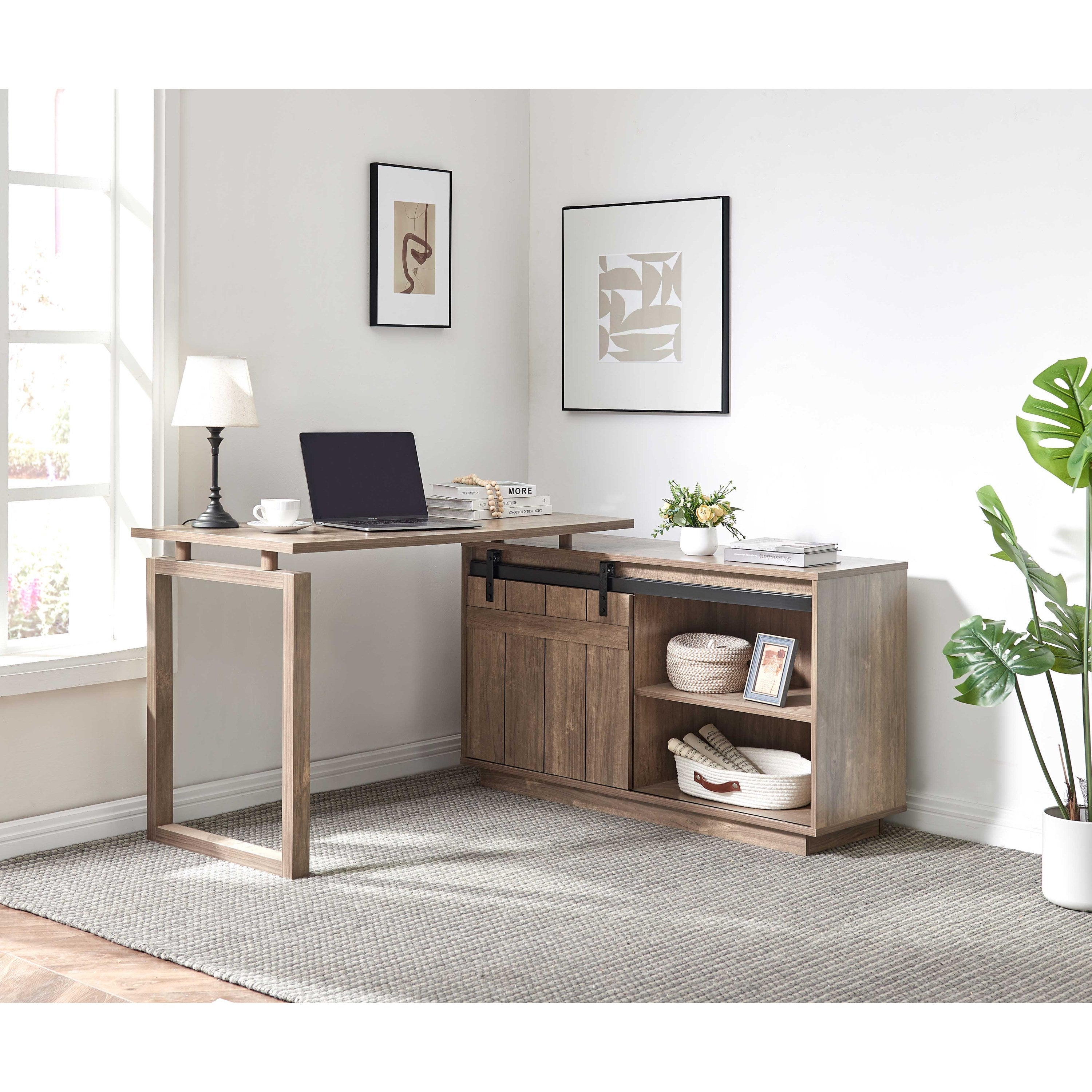 Desk L-shaped Workstation Home Office attached storage credenza sliding barn door finished on the back reversible Hazelnut