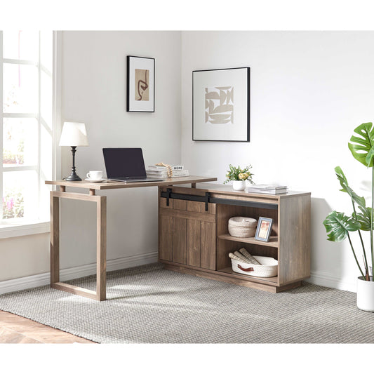 Desk L-shaped Workstation Home Office attached storage credenza sliding barn door finished on the back reversible Hazelnut
