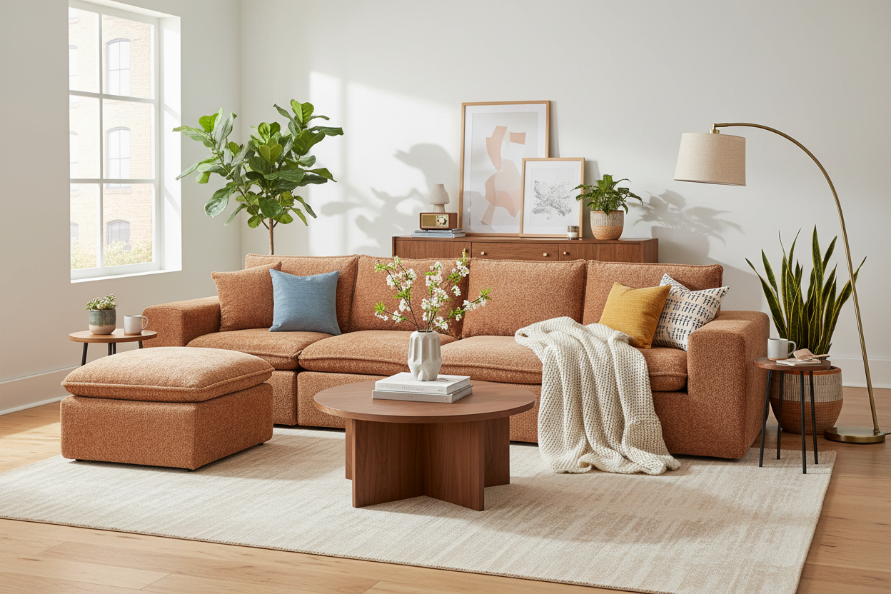 Living room with brown sectional sofa, coffee table, and decorative elements.