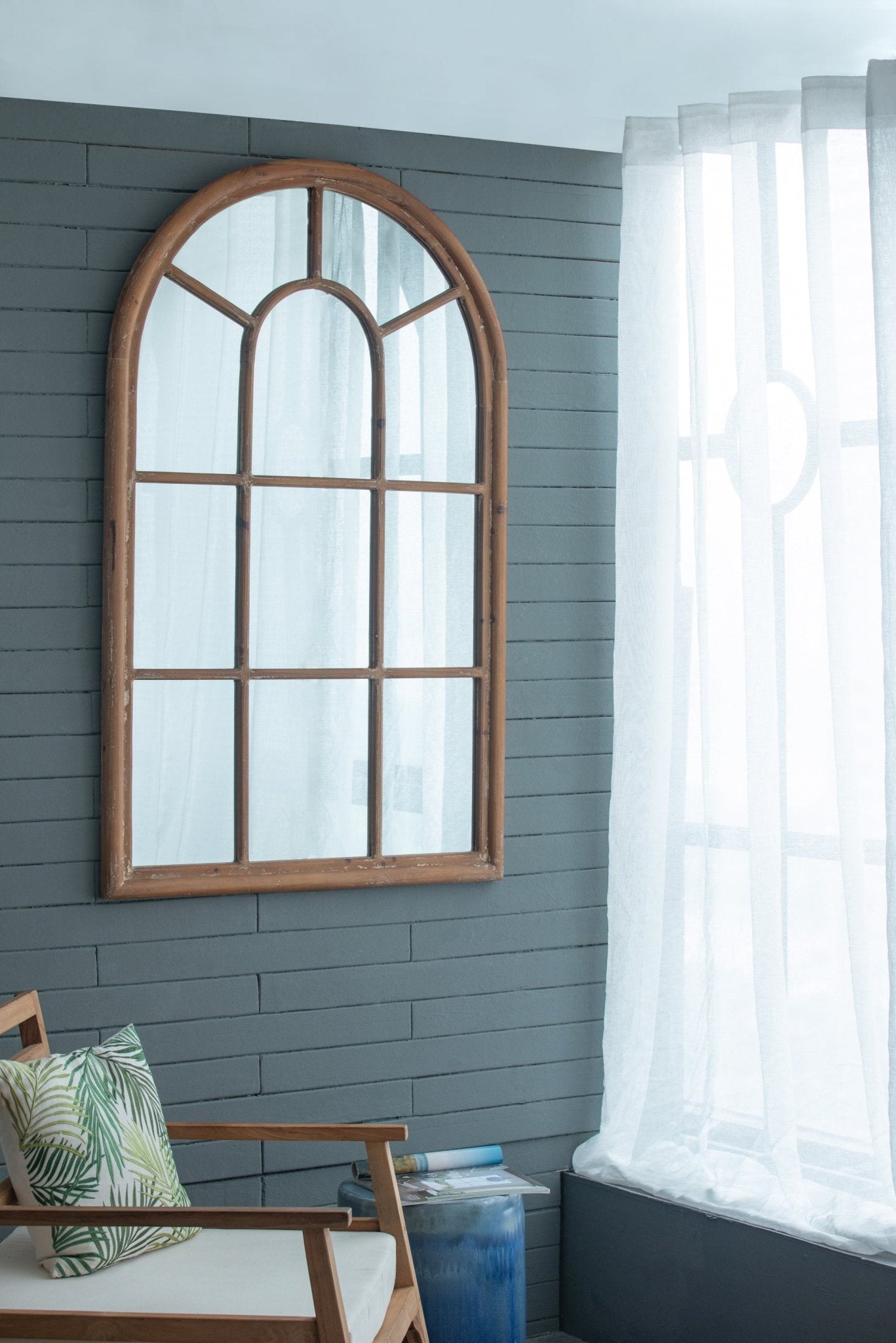 34x54.3" Large Arched Accent Mirror with Brown Frame with Decorative Window Look Classic Architecture Style Solid Fir Wood Interior Decor - Groovy Boardz