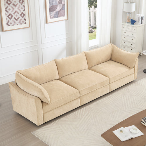 Large Chenille Wheat 3-Seater Sofa With Under-Seat Storage.