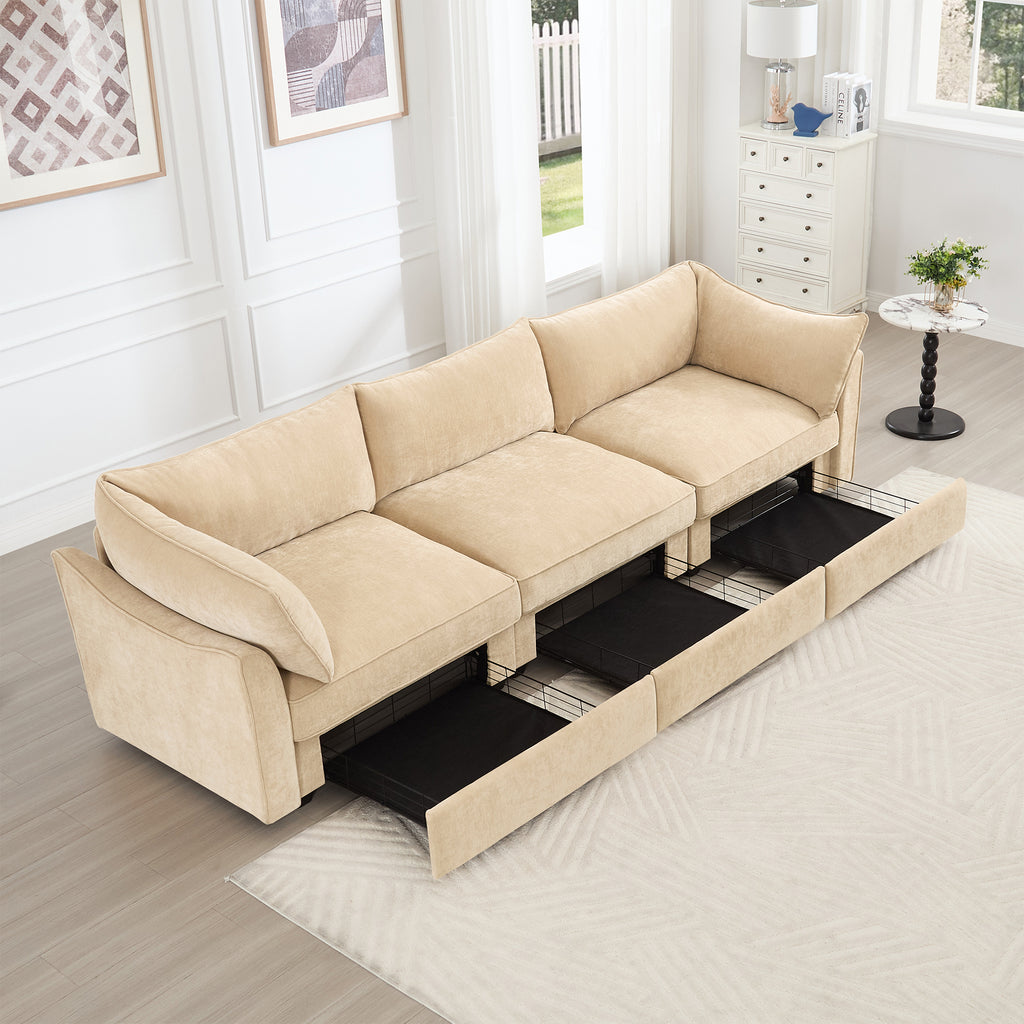 3Seater SofaWith Storage Pull outDrawersUnder Each Seat3 - Seat Large Wide And Deep Seat Sofa with Excellent StorageSpaceSuitable for Big LivingRoomsChenilleWheat