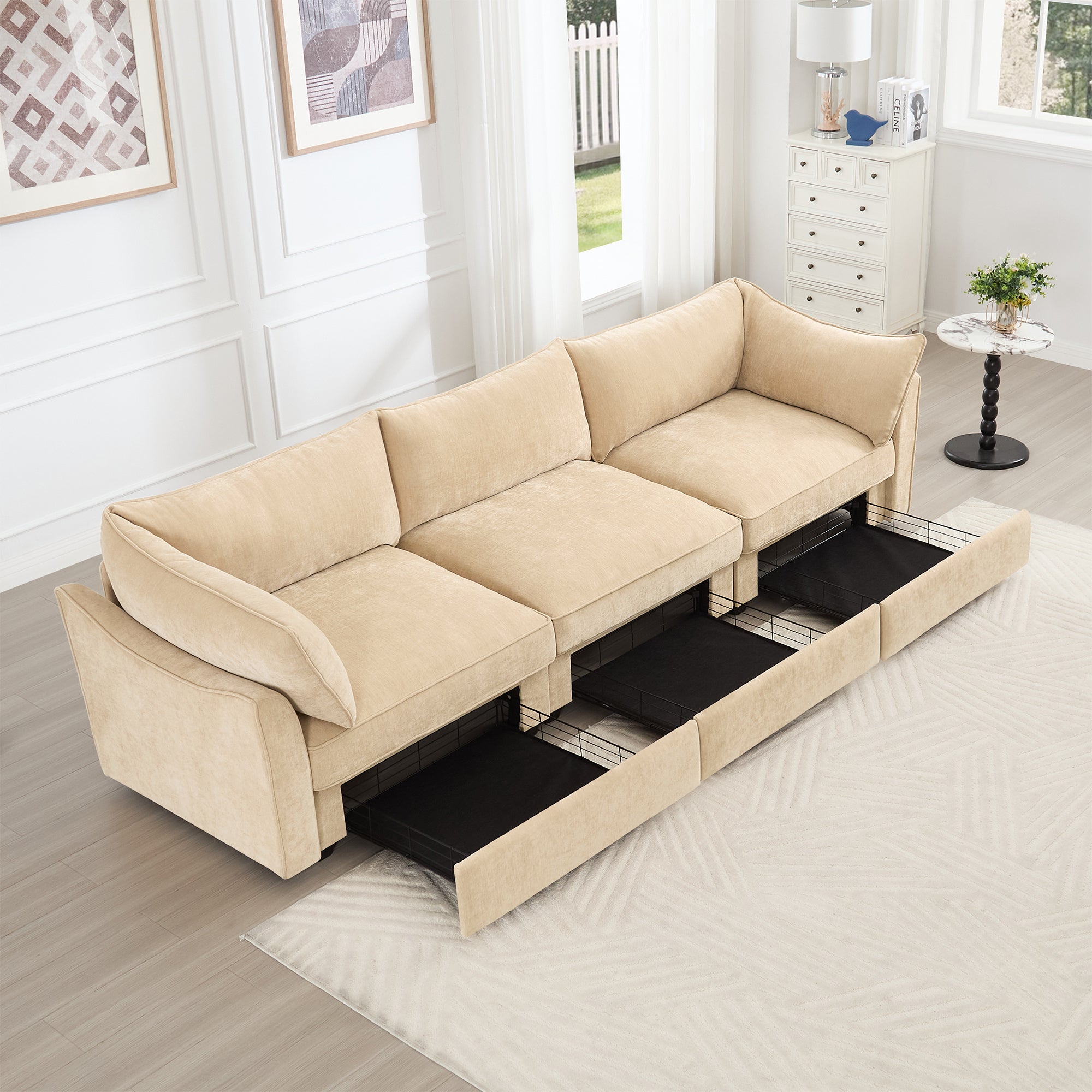 3Seater SofaWith Storage Pull outDrawersUnder Each Seat3 - Seat Large Wide And Deep Seat Sofa with Excellent StorageSpaceSuitable for Big LivingRoomsChenilleWheat