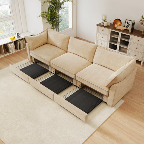 Large Chenille Wheat 3-Seater Sofa With Under-Seat Storage.