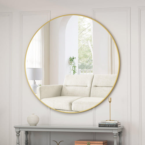 Large Gold Circular 48-Inch Metal Framed Wall Mirror.