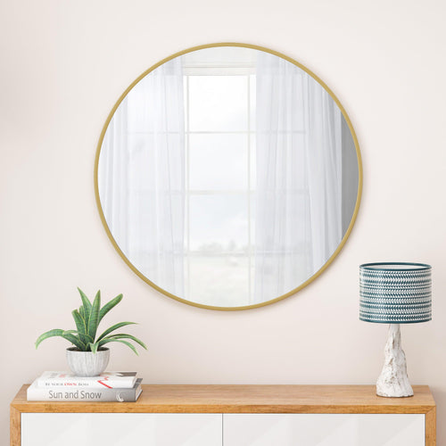 Large Gold Circular 48-Inch Metal Framed Wall Mirror.
