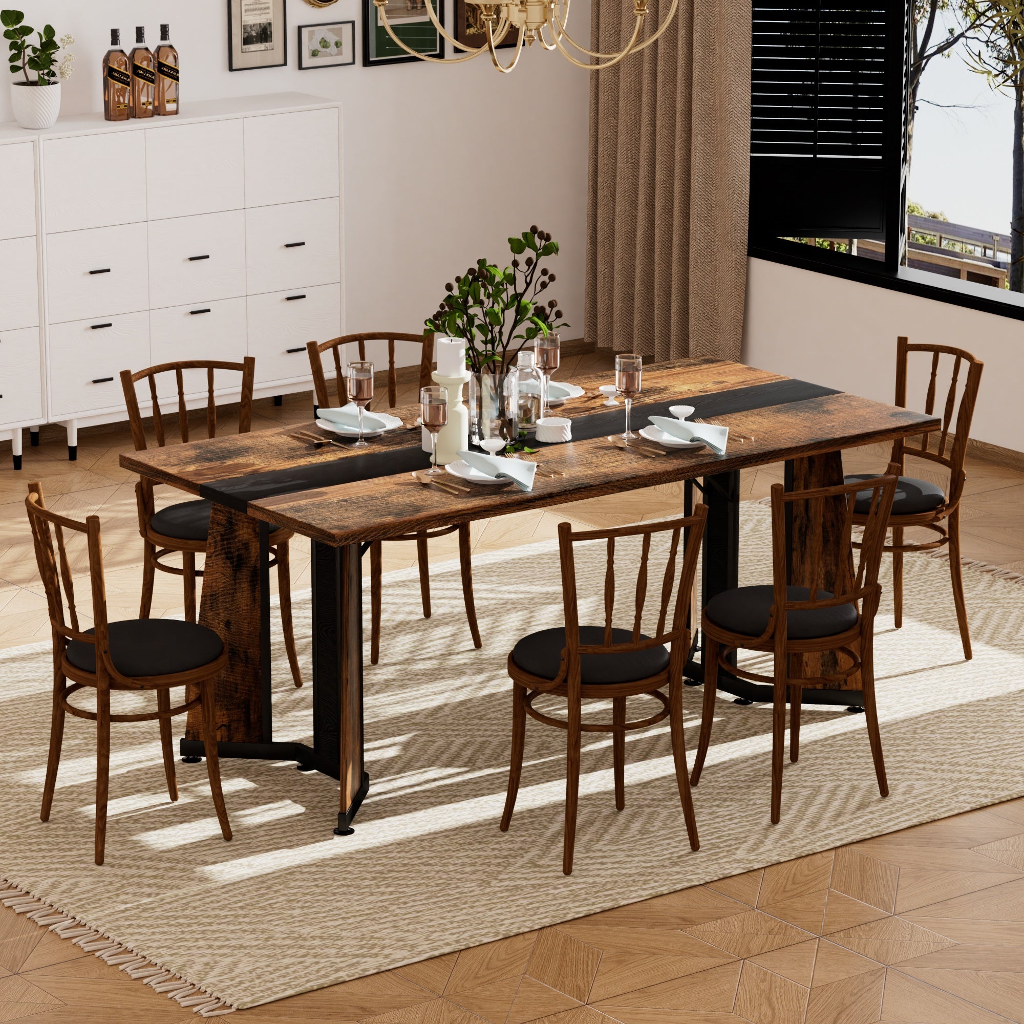 70.9'Rectangular Large Dining Table, Waterproof Large Desk for 8 People, Deluxe Family Dining Table with Adjustable Legs for Kitchen,Living Room,Office, Rustic Brown,70.9''W x 35.4''D x 30.3''H