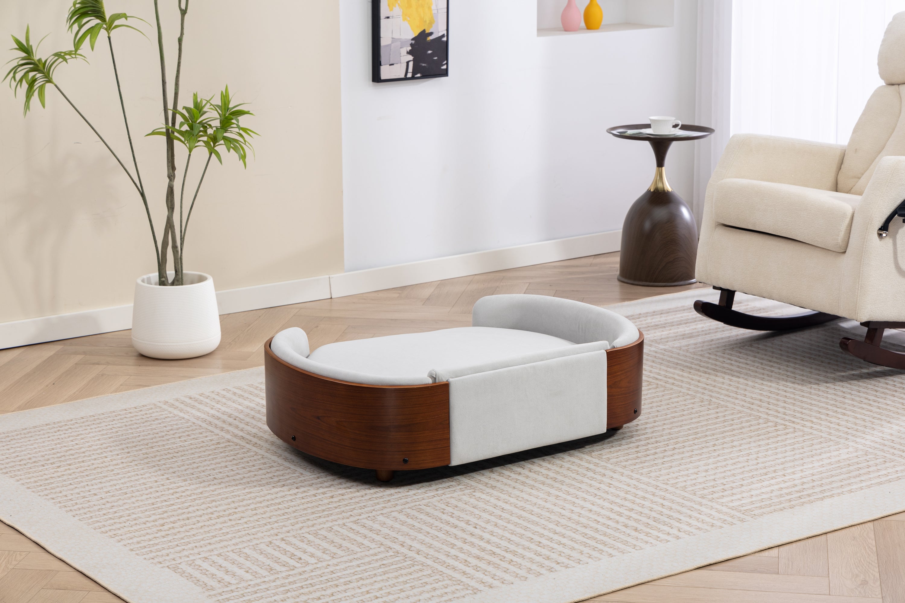 Scandinavian style Elevated Dog Bed Pet Sofa With Solid Wood legs and Walnut Bent Wood Back, Velvet Light Gray,Large Size Pet Sofa