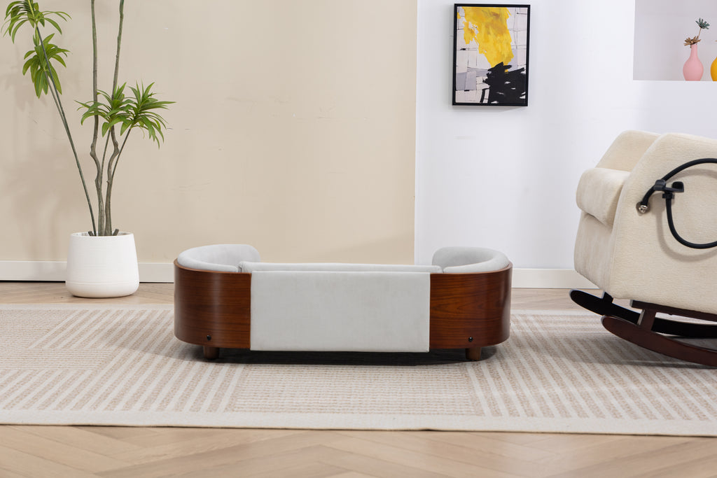 Scandinavian style Elevated Dog Bed Pet Sofa With Solid Wood legs and Walnut Bent Wood Back, Velvet Light Gray,Large Size Pet Sofa