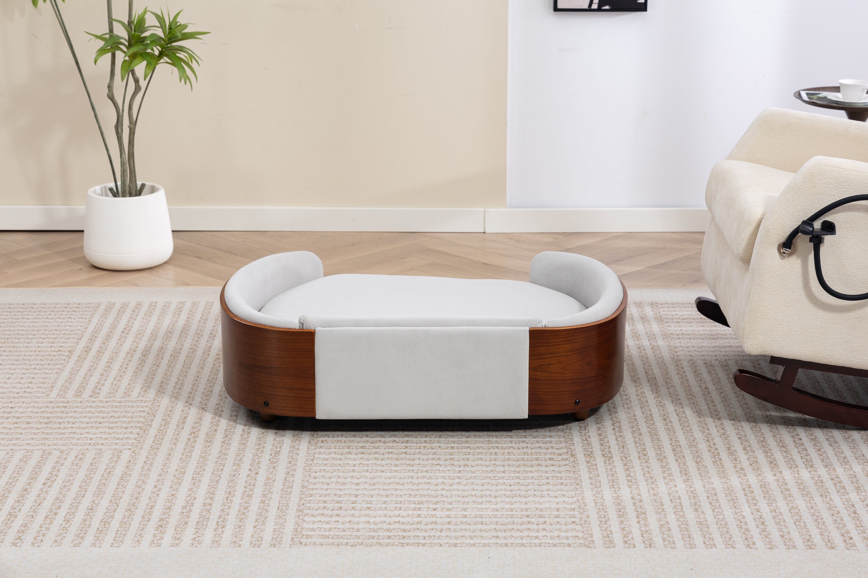 Scandinavian style Elevated Dog Bed Pet Sofa With Solid Wood legs and Walnut Bent Wood Back, Velvet Light Gray,Large Size Pet Sofa