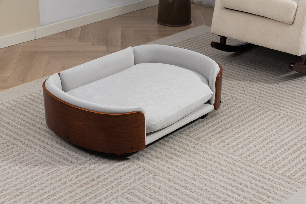 Scandinavian style Elevated Dog Bed Pet Sofa With Solid Wood legs and Walnut Bent Wood Back, Velvet Light Gray,Large Size Pet Sofa