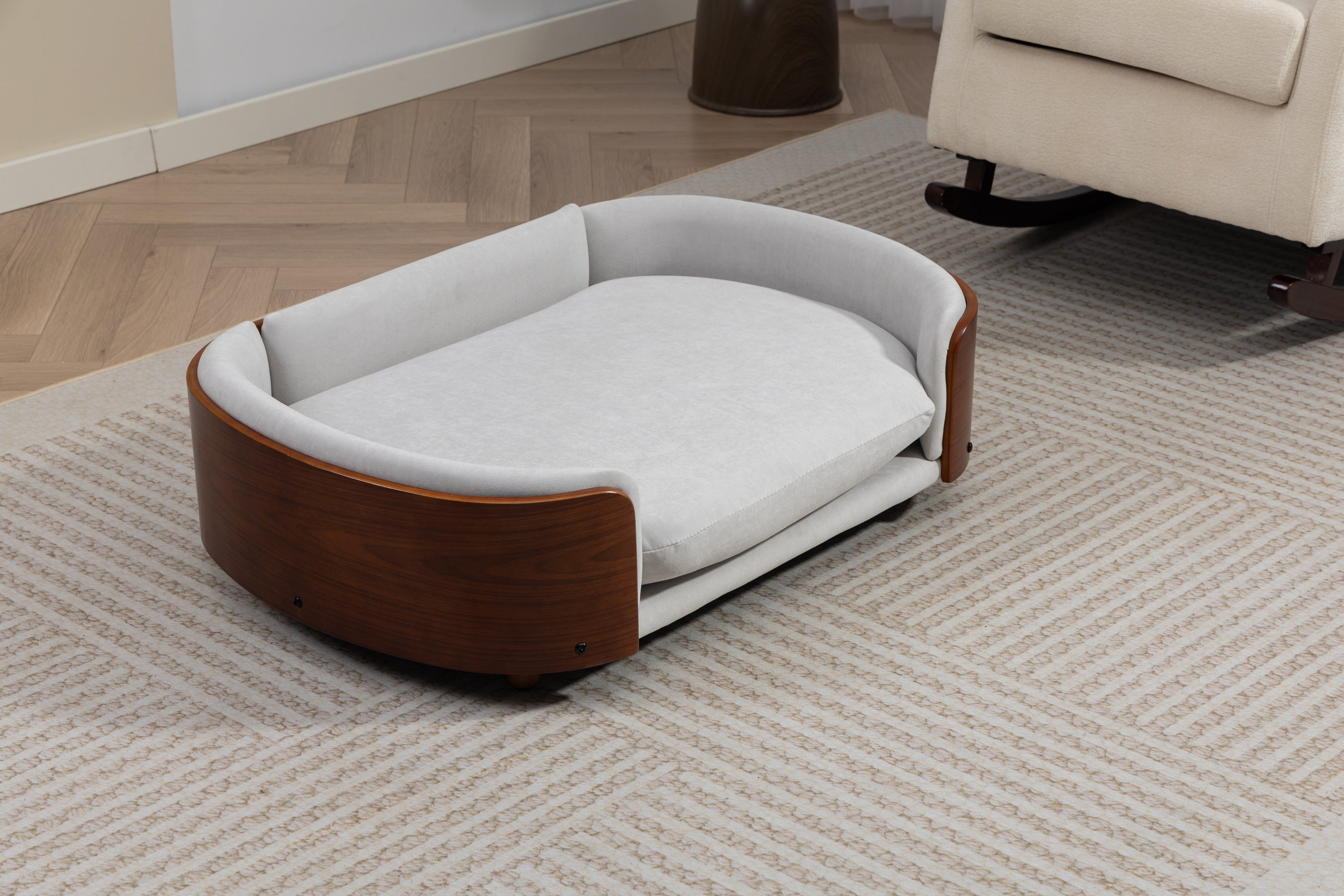 Scandinavian style Elevated Dog Bed Pet Sofa With Solid Wood legs and Walnut Bent Wood Back, Velvet Light Gray,Large Size Pet Sofa