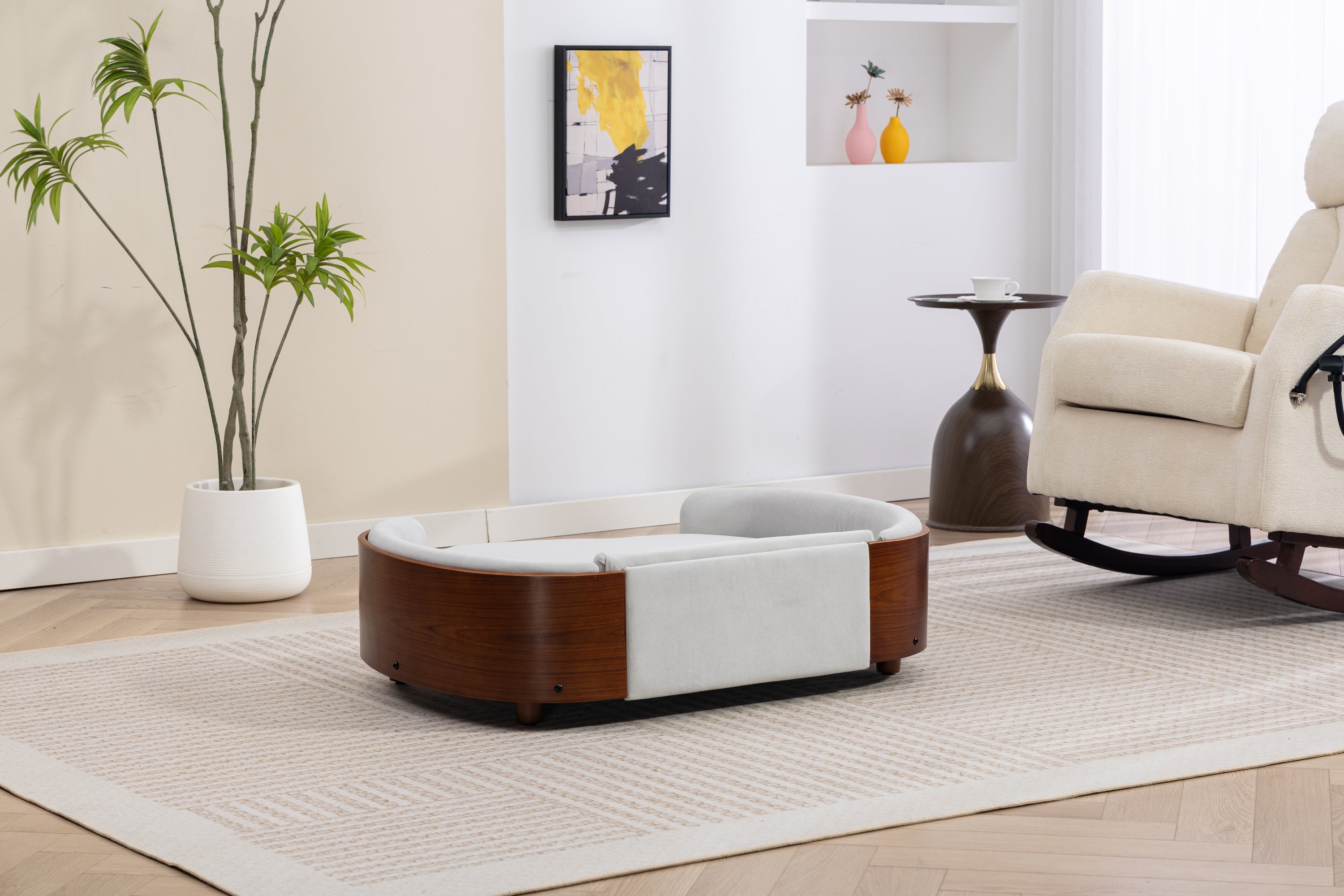 Scandinavian style Elevated Dog Bed Pet Sofa With Solid Wood legs and Walnut Bent Wood Back, Velvet Light Gray,Large Size Pet Sofa