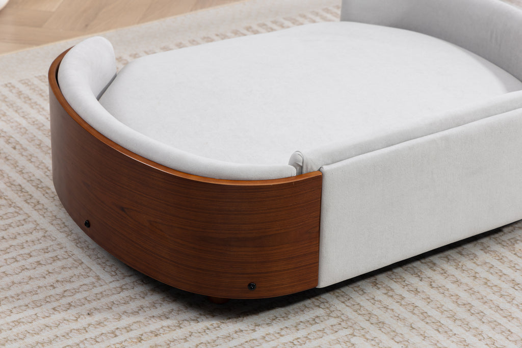 Scandinavian style Elevated Dog Bed Pet Sofa With Solid Wood legs and Walnut Bent Wood Back, Velvet Light Gray,Large Size Pet Sofa