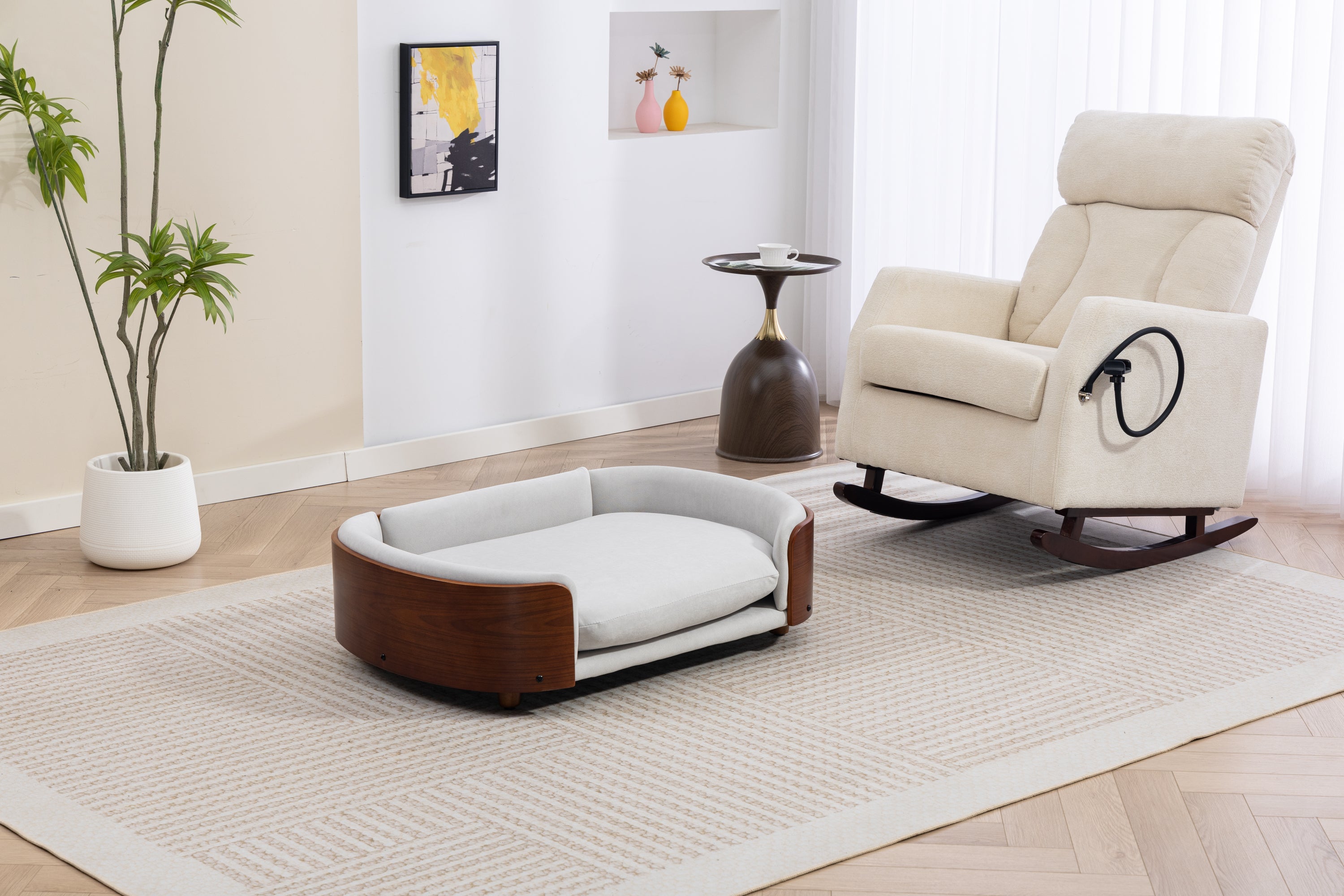 Scandinavian style Elevated Dog Bed Pet Sofa With Solid Wood legs and Walnut Bent Wood Back, Velvet Light Gray,Large Size Pet Sofa