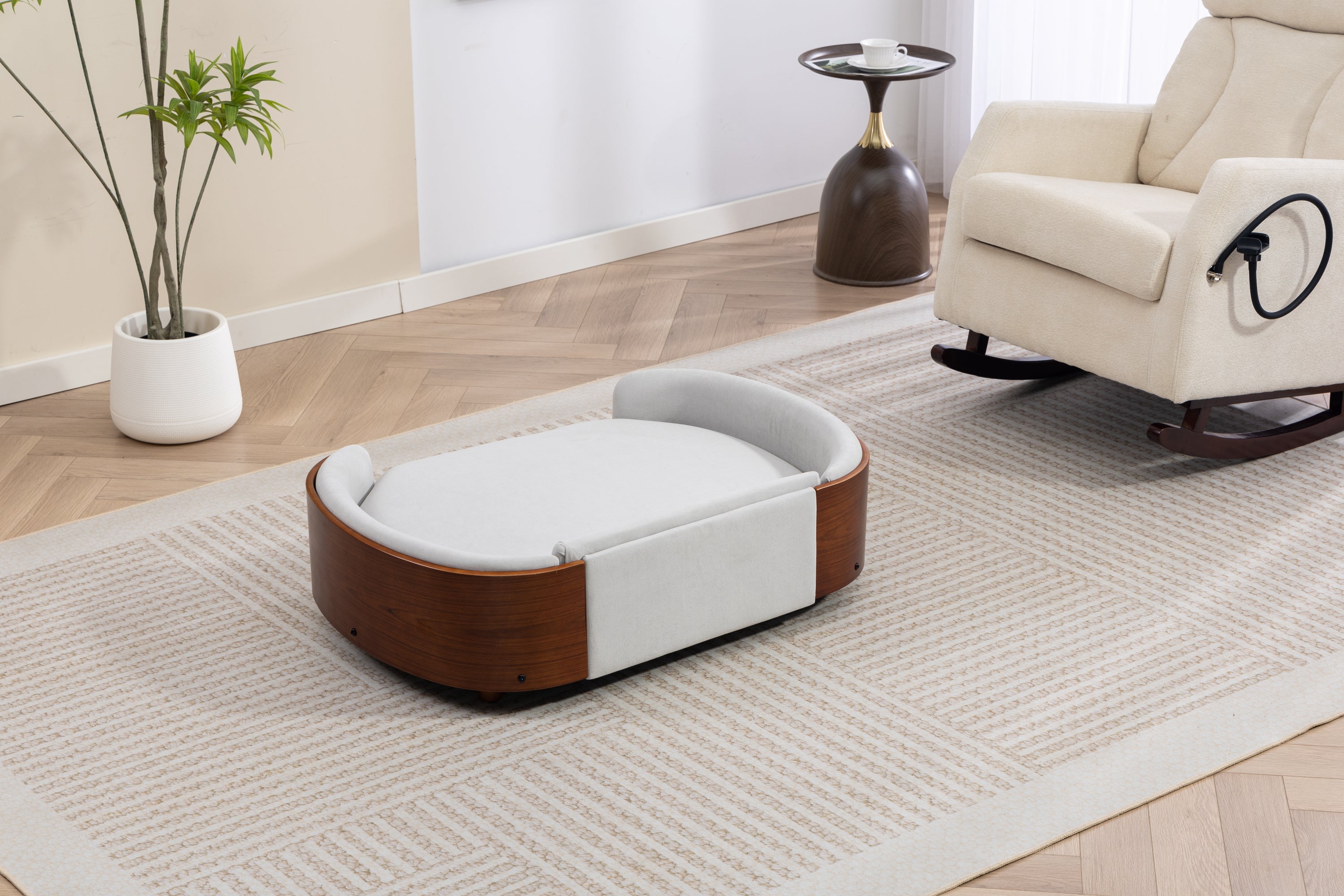 Scandinavian style Elevated Dog Bed Pet Sofa With Solid Wood legs and Walnut Bent Wood Back, Velvet Light Gray,Large Size Pet Sofa