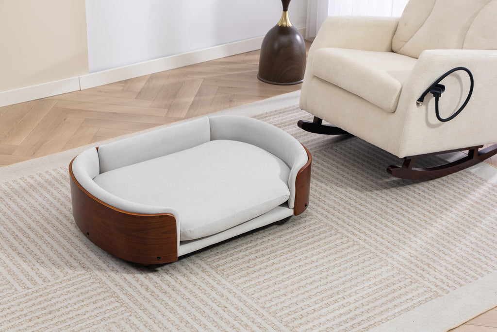 Scandinavian style Elevated Dog Bed Pet Sofa With Solid Wood legs and Walnut Bent Wood Back, Velvet Light Gray,Large Size Pet Sofa