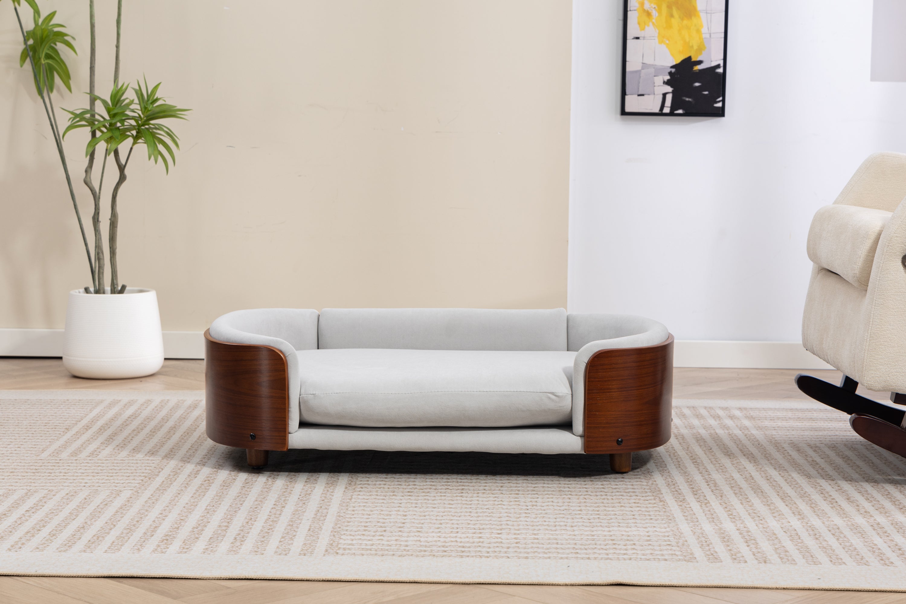 Scandinavian style Elevated Dog Bed Pet Sofa With Solid Wood legs and Walnut Bent Wood Back, Velvet Light Gray,Large Size Pet Sofa