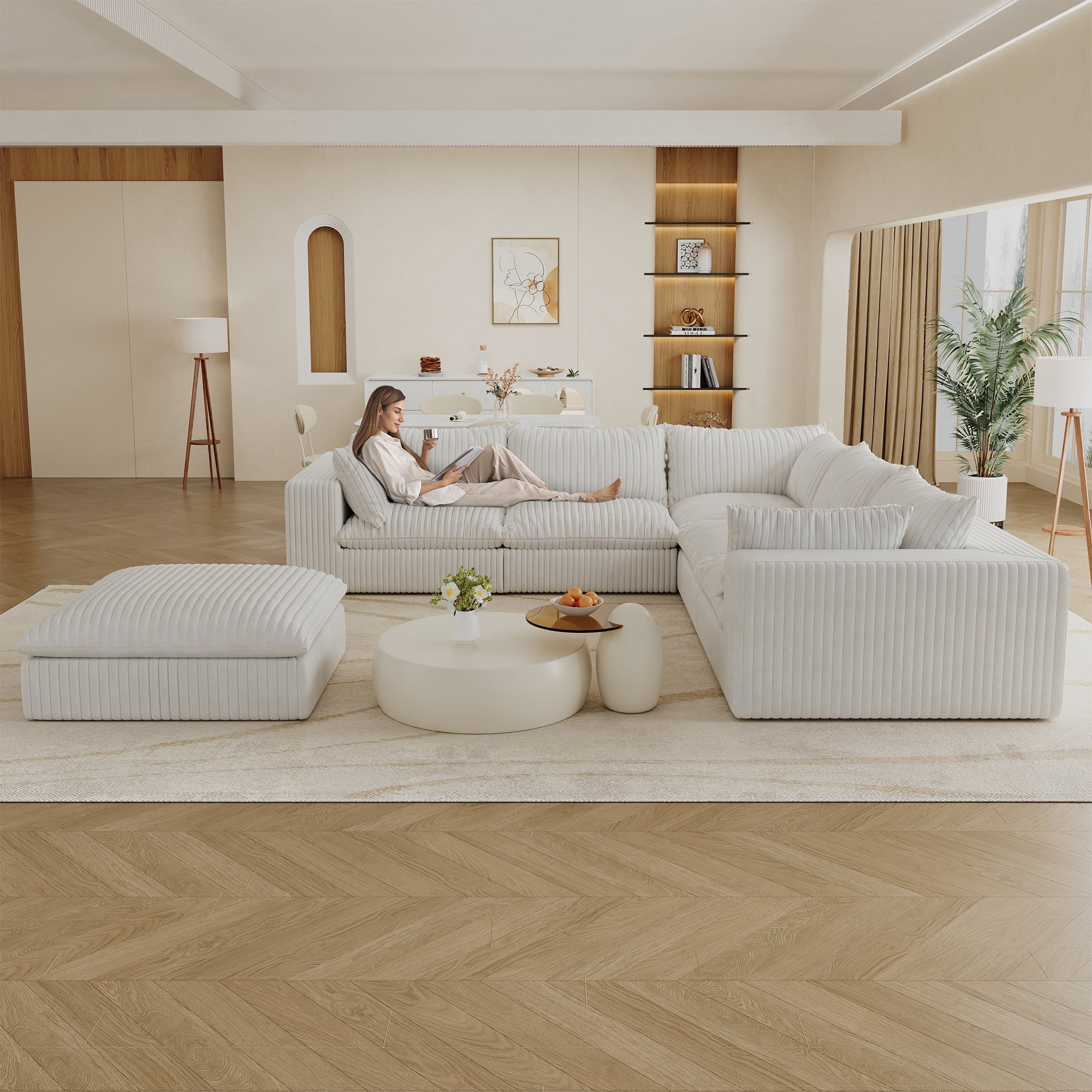 118.2' Cloud Sofa,Corduroy Fabric,Deep Seat Couches,Double-layer design,Removable Cushion,No Assembly, DIY Combination for Living room, Bedroom,Conference room ,Apartment,White - Groovy Boardz