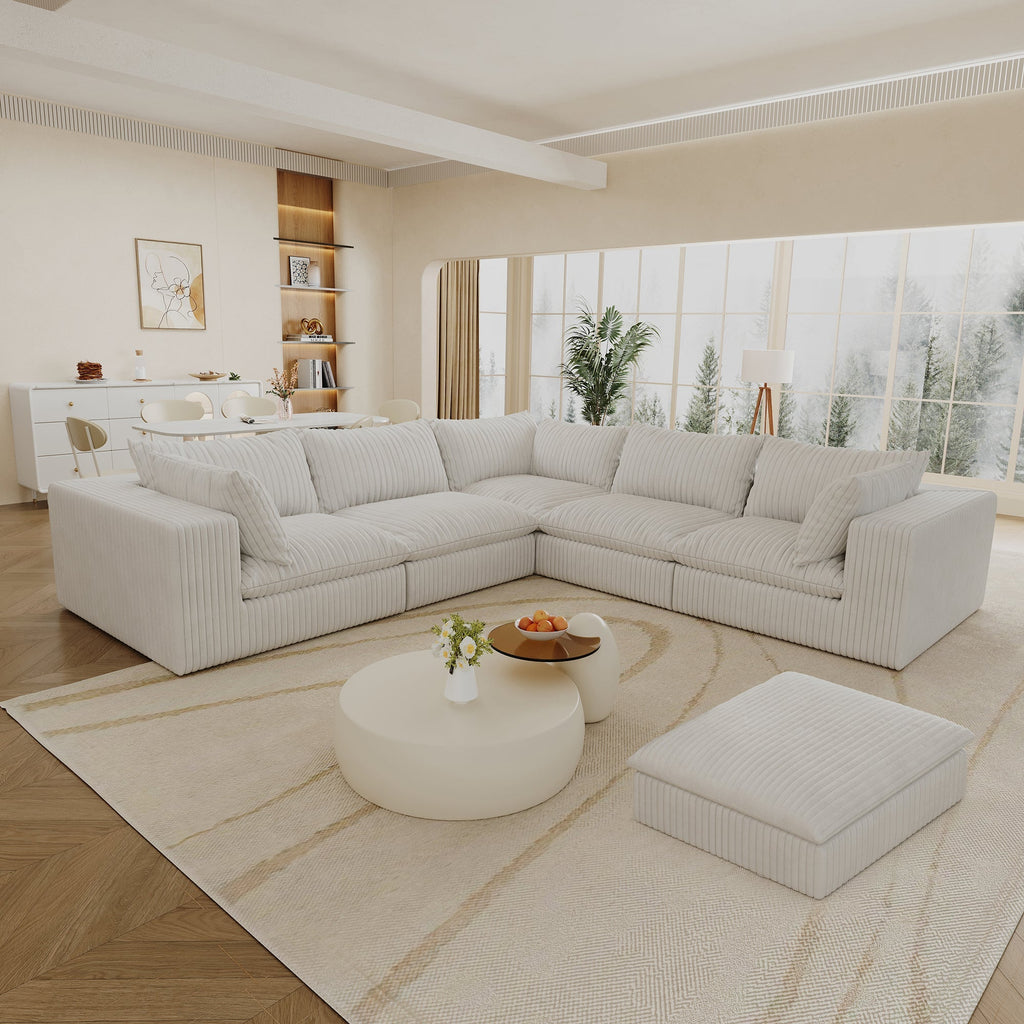 118.2' Cloud Sofa,Corduroy Fabric,Deep Seat Couches,Double-layer design,Removable Cushion,No Assembly, DIY Combination for Living room, Bedroom,Conference room ,Apartment,White - Groovy Boardz
