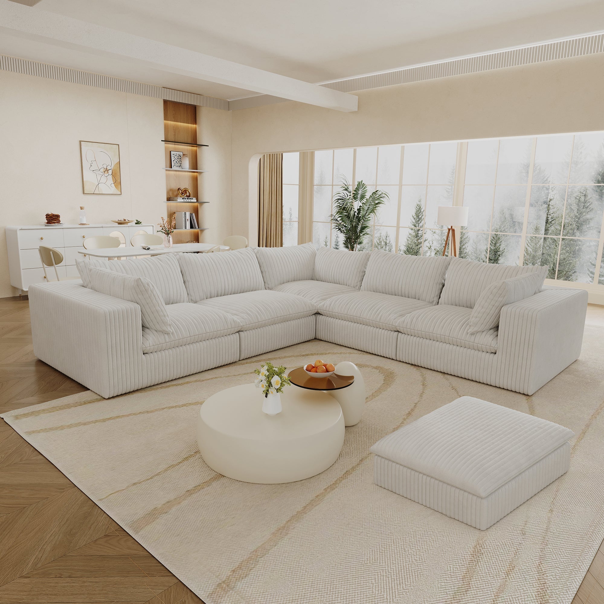 118.2' Cloud Sofa,Corduroy Fabric,Deep Seat Couches,Double-layer design,Removable Cushion,No Assembly, DIY Combination for Living room, Bedroom,Conference room ,Apartment,White - Groovy Boardz