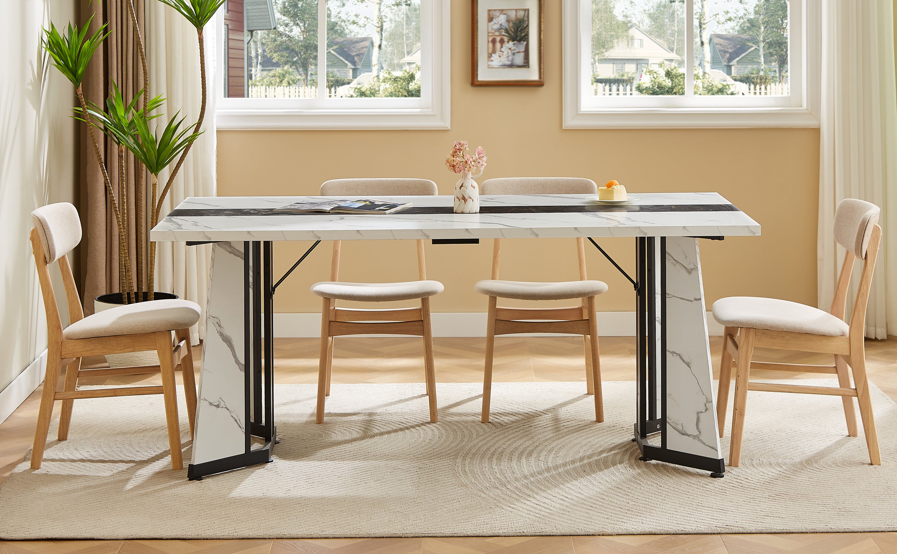 70.9'Rectangular Large Dining Table, Marble Grain Waterproof Large Desk for 8 People, Deluxe Family Dining Table with Adjustable Legs for Kitchen,Living Room,Office, White,70.9''W x 35.4''D x 30.3''H