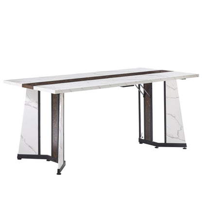 70.9'Rectangular Large Dining Table, Marble Grain Waterproof Large Desk for 8 People, Deluxe Family Dining Table with Adjustable Legs for Kitchen,Living Room,Office, White,70.9''W x 35.4''D x 30.3''H