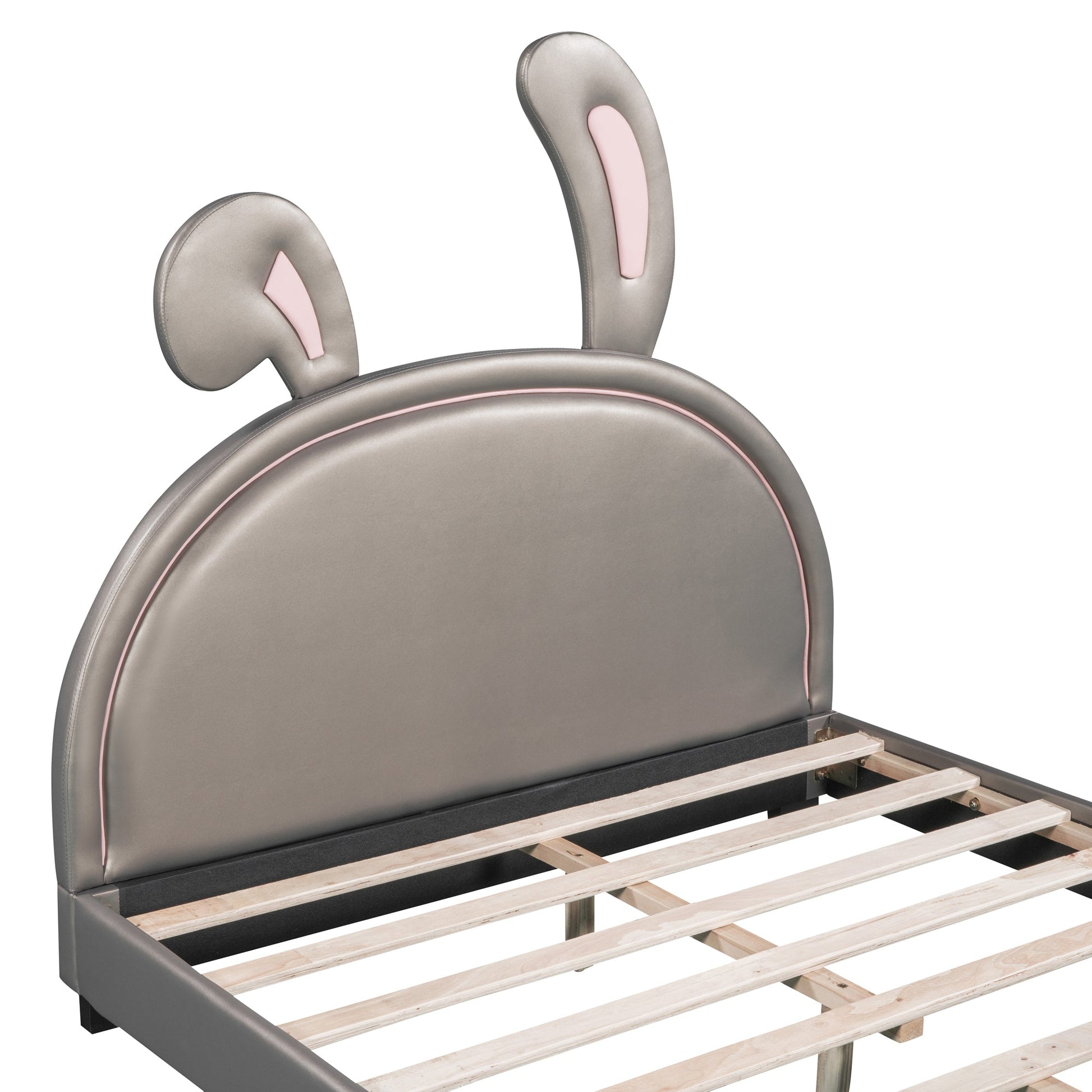 Full Size and Twin Size Upholstered Leather Platform Bed with Rabbit Ornament