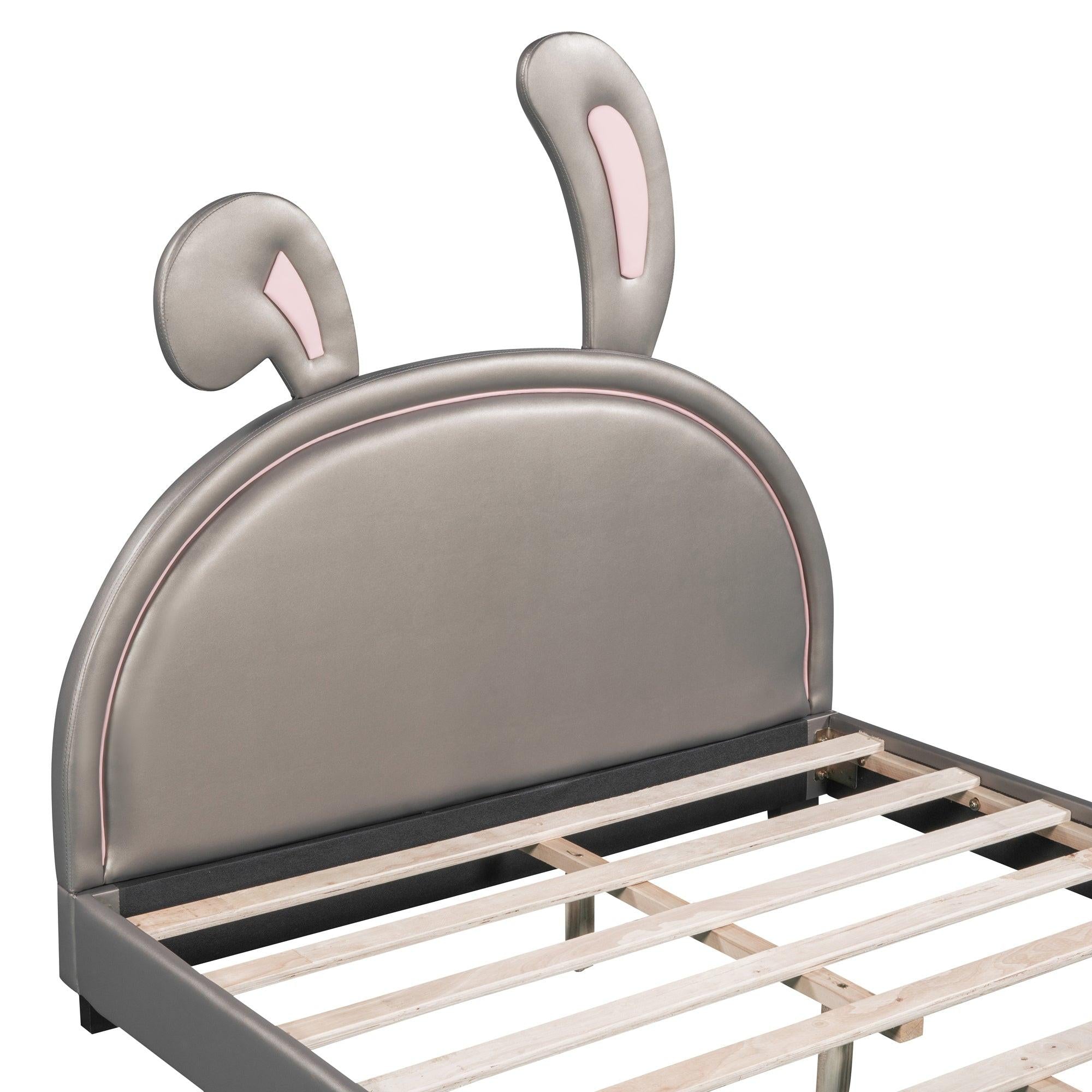 Leather Upholstered Platform Bed with Rabbit Accent.