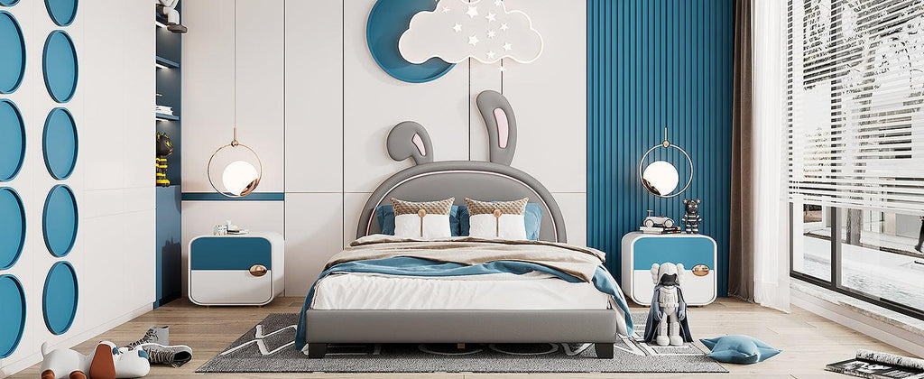 Leather Upholstered Platform Bed with Rabbit Accent.