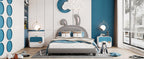 Leather Upholstered Platform Bed with Rabbit Accent.