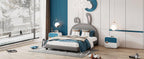 Leather Upholstered Platform Bed with Rabbit Accent.