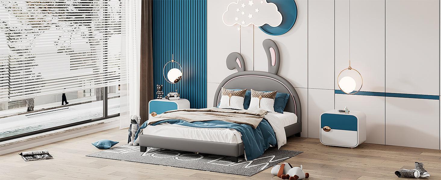 Leather Upholstered Platform Bed with Rabbit Accent.