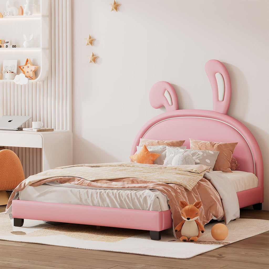 Leather Upholstered Platform Bed with Rabbit Accent.
