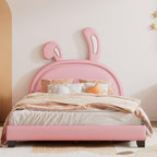 Leather Upholstered Platform Bed with Rabbit Accent.