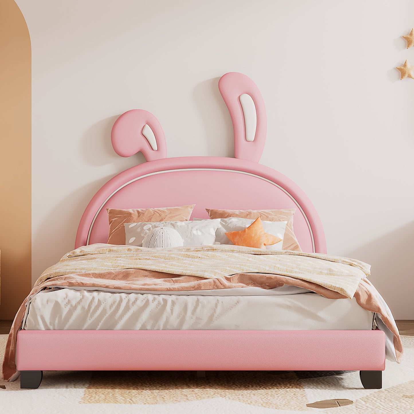 Full Size and Twin Size Upholstered Leather Platform Bed with Rabbit Ornament