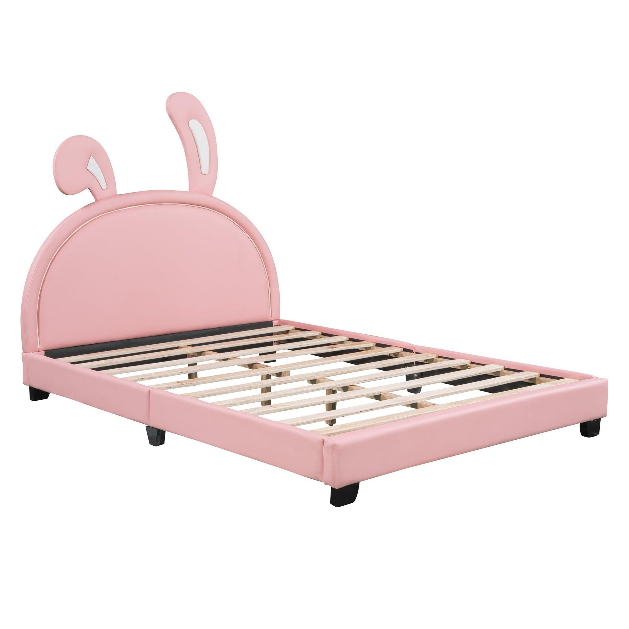 Leather Upholstered Platform Bed with Rabbit Accent.