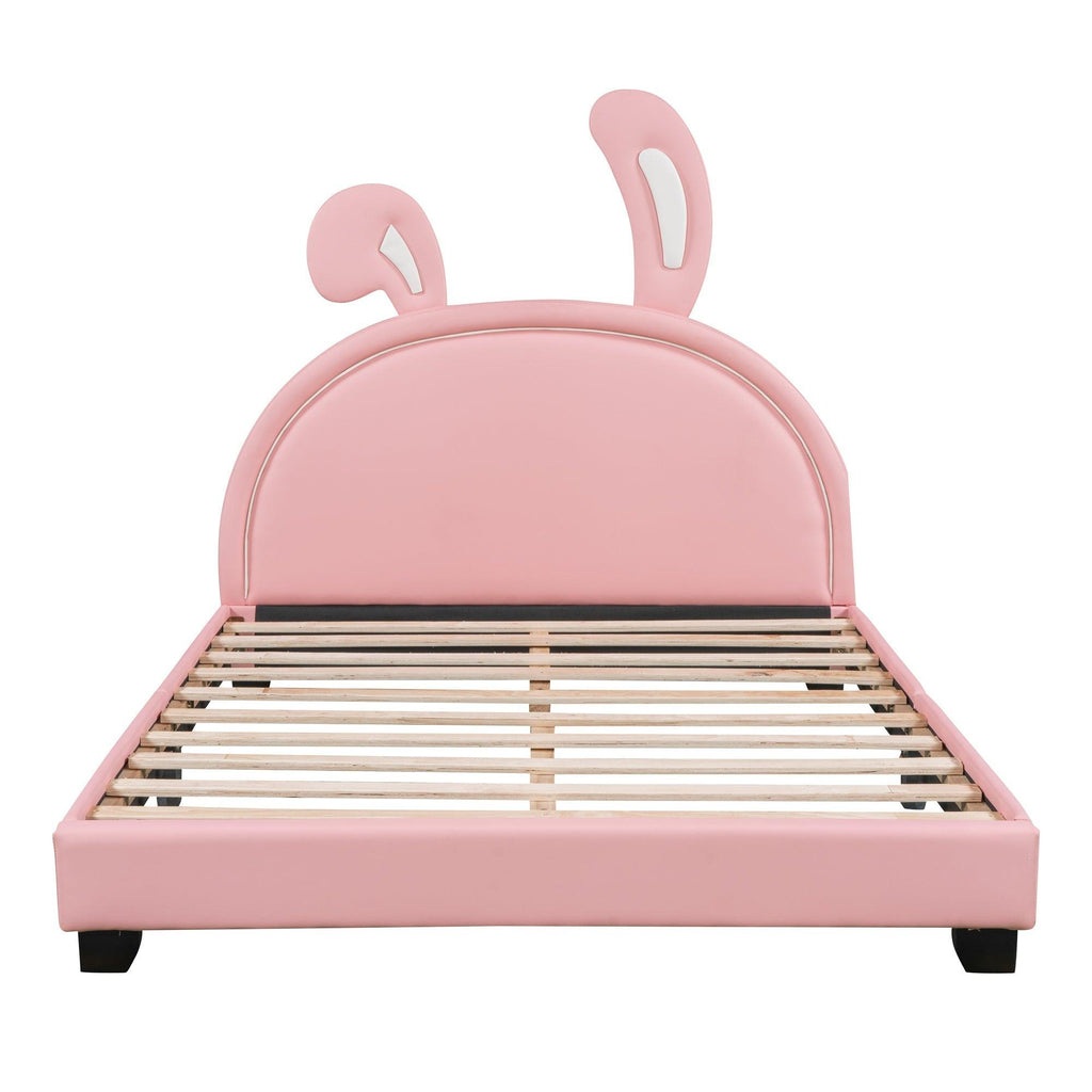 Leather Upholstered Platform Bed with Rabbit Accent.