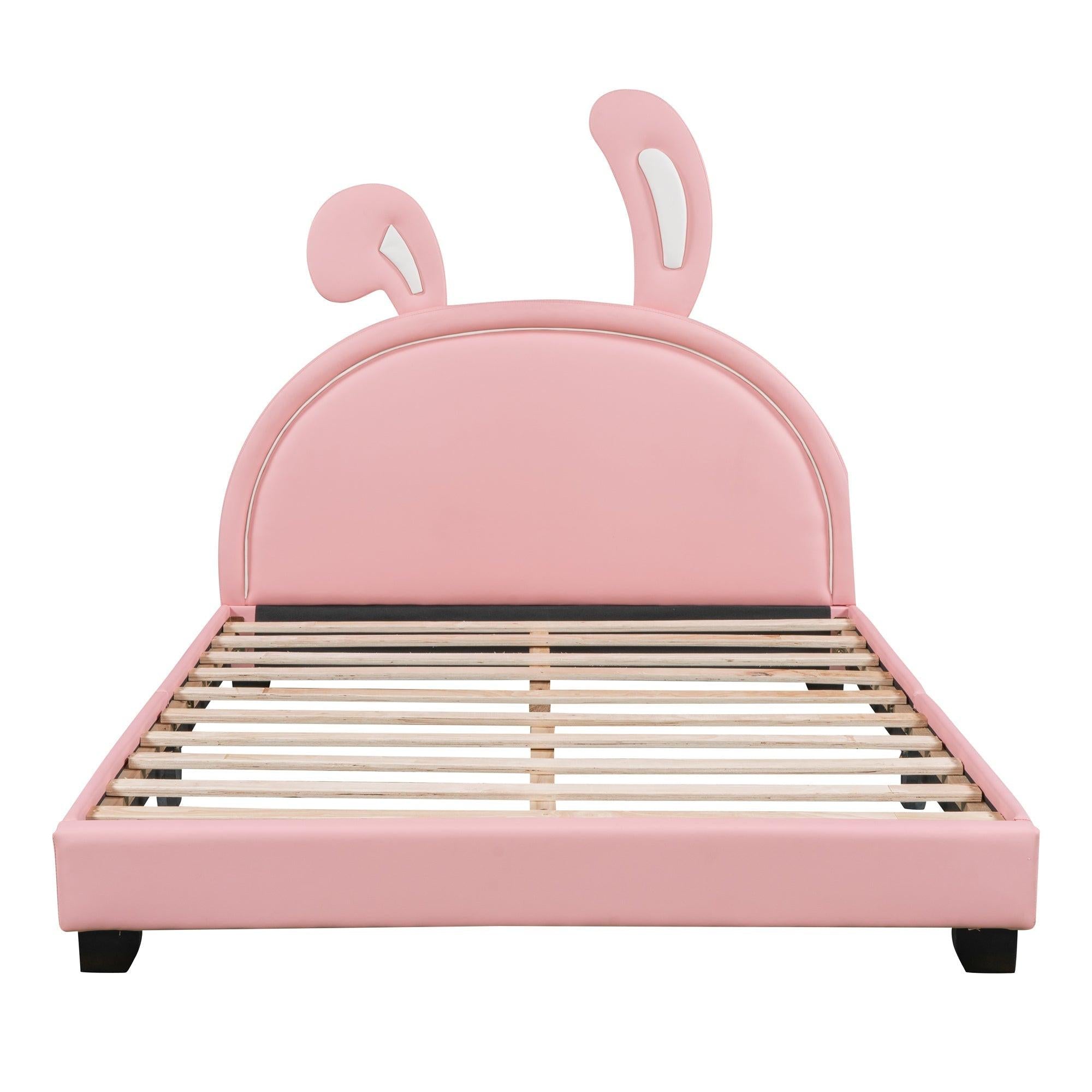 Leather Upholstered Platform Bed with Rabbit Accent.