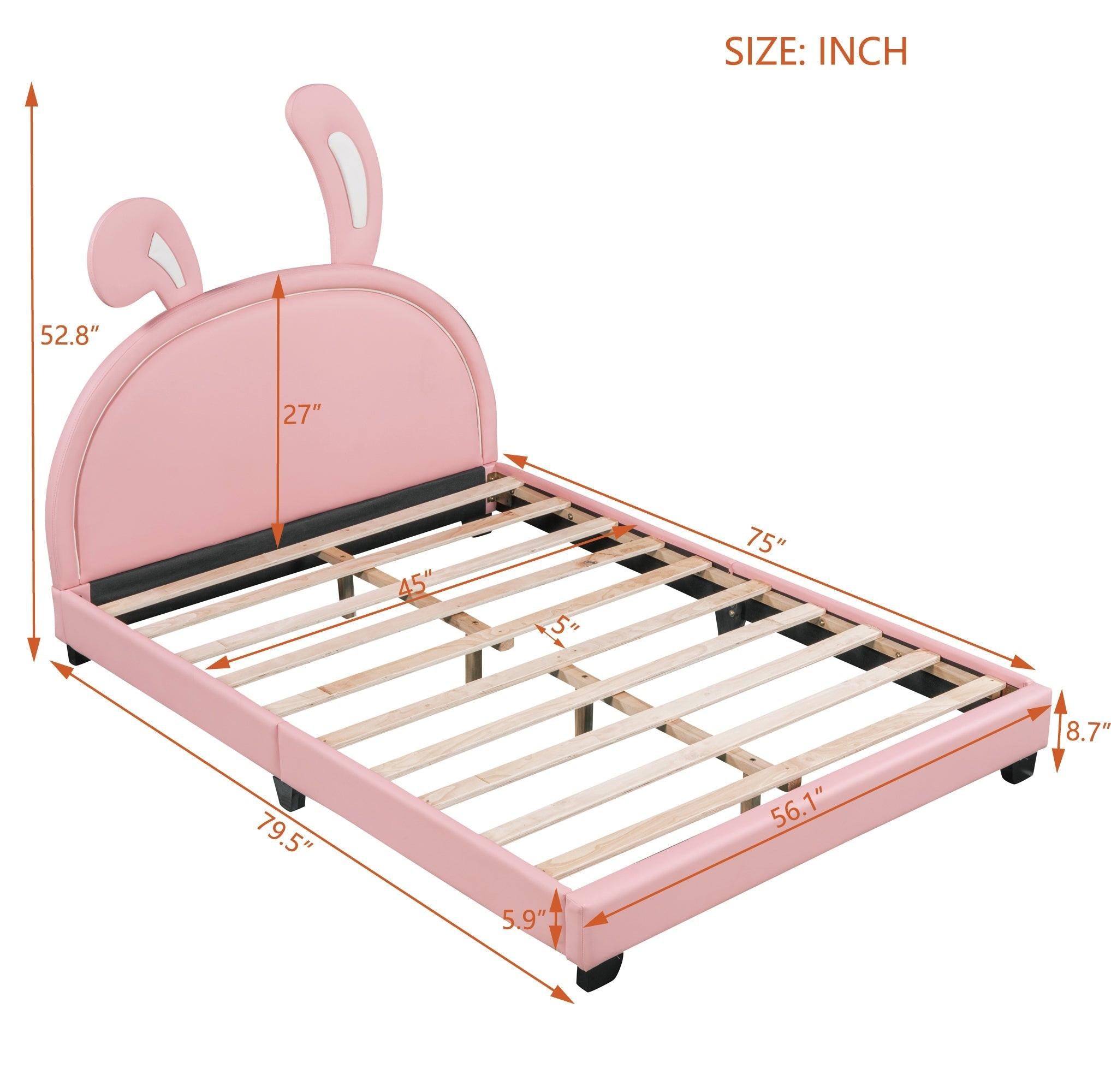 Leather Upholstered Platform Bed with Rabbit Accent.