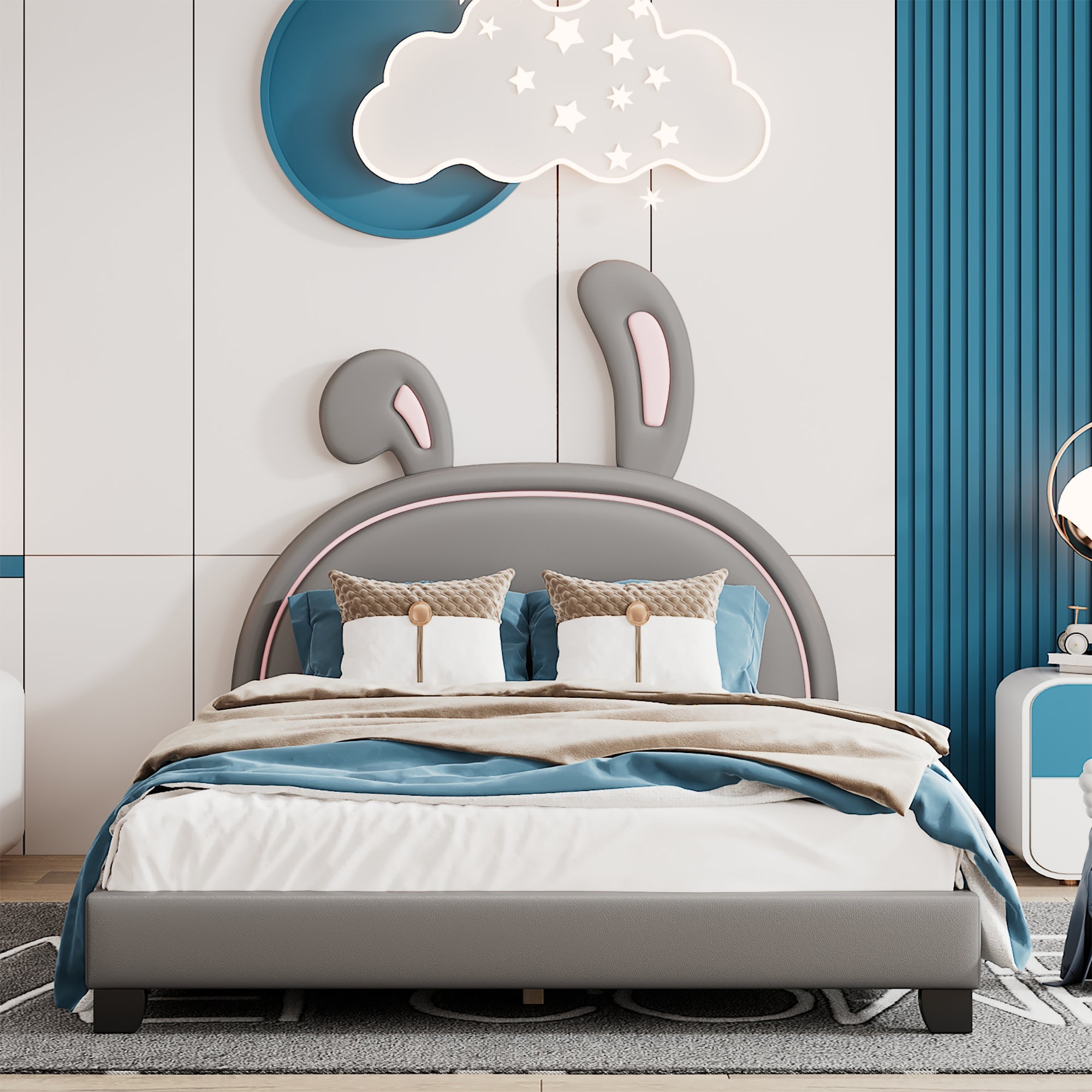 Full Size and Twin Size Upholstered Leather Platform Bed with Rabbit Ornament