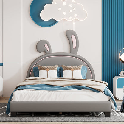 Full Size and Twin Size Upholstered Leather Platform Bed with Rabbit Ornament