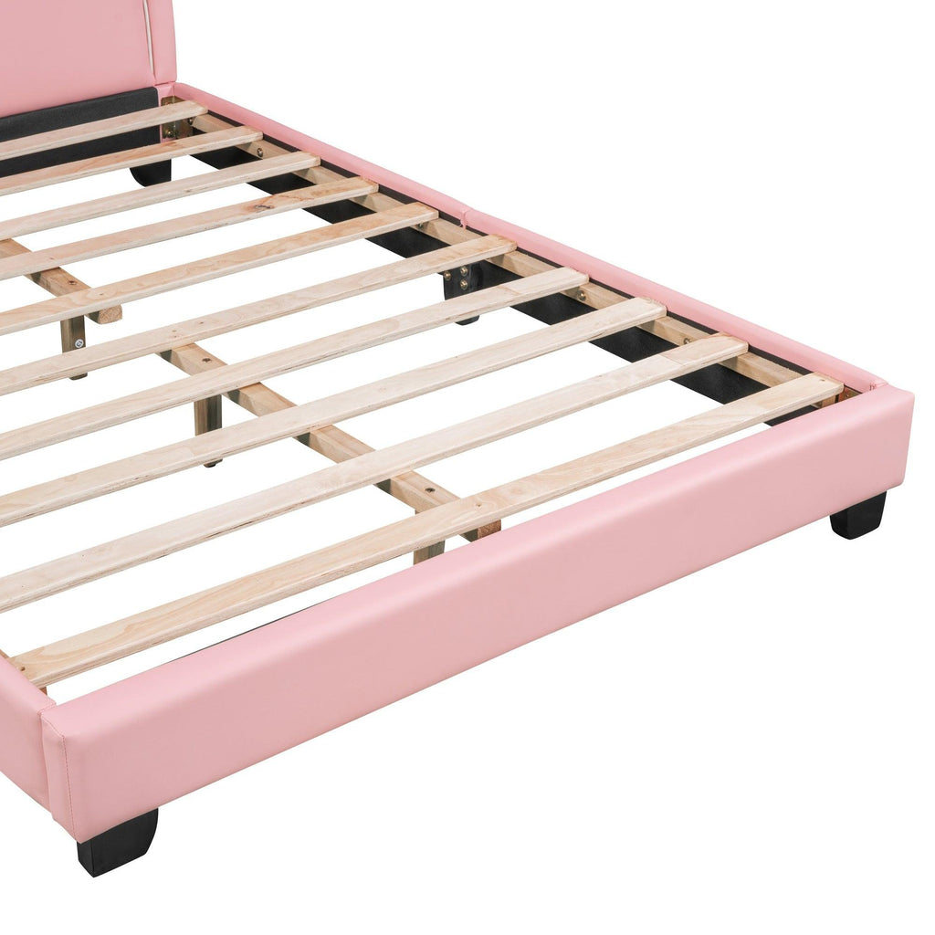 Leather Upholstered Platform Bed with Rabbit Accent.
