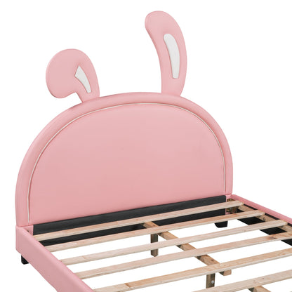 Full Size and Twin Size Upholstered Leather Platform Bed with Rabbit Ornament