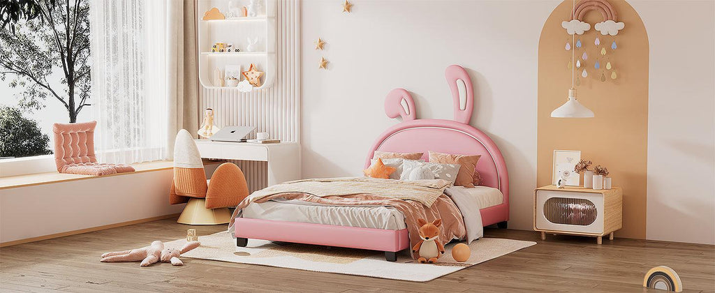 Full Size and Twin Size Upholstered Leather Platform Bed with Rabbit Ornament