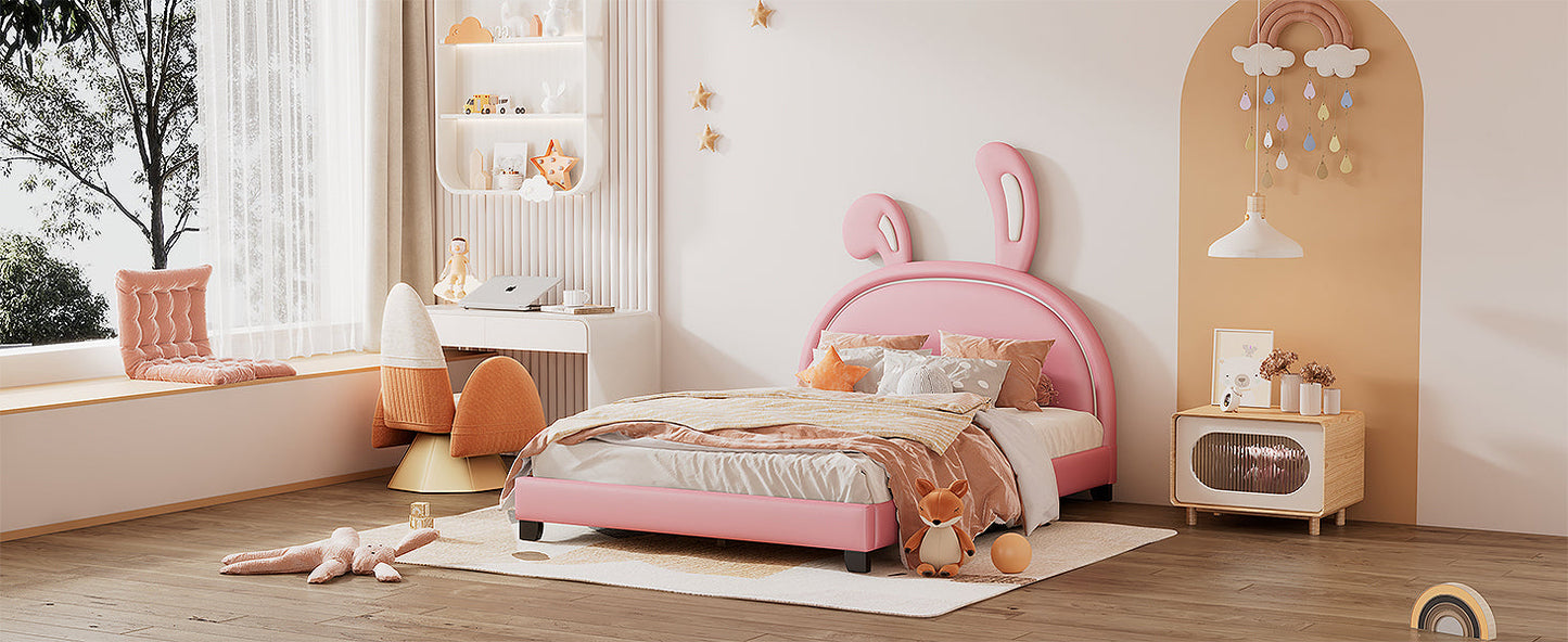 Full Size and Twin Size Upholstered Leather Platform Bed with Rabbit Ornament